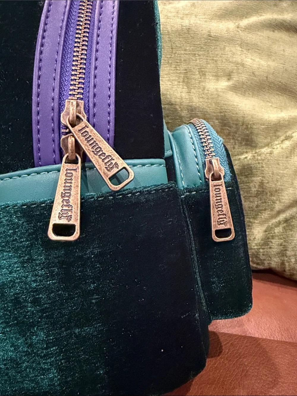 Hocus Pocus Velvet Green and Purple Mini Loungefly Backpack with Gold Embroidery